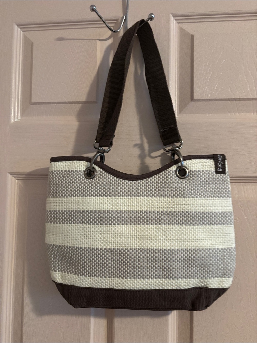 thirty-one Cream and Gray Striped Shoulder Bag with Brown Trim